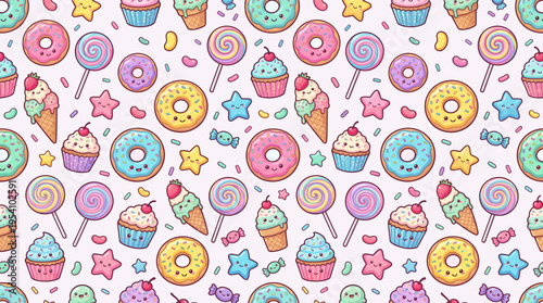 A cute seamless pattern of colorful kawaii sweets including donuts, cupcakes, and lollipops on a light background.
