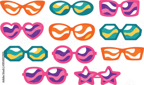 Colorful retro sunglasses icon set with groovy wavy patterns