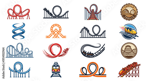 Collection of roller coaster icons, featuring various designs and track layouts, including loops, spirals, and wooden structures.