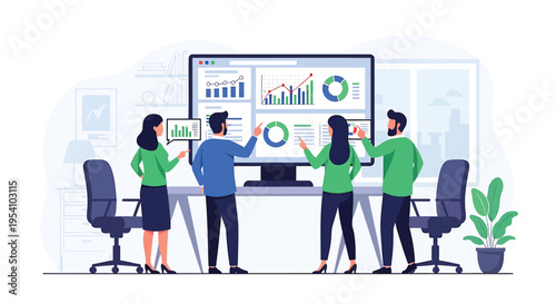 Vector illustration of 4 people in office analyzing data on large screen