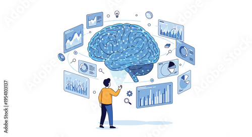 Vector illustration of a man analyzing a large brain with data and graphs