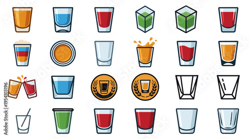 Collection of various colorful cocktail and shot glasses, isolated on white background.