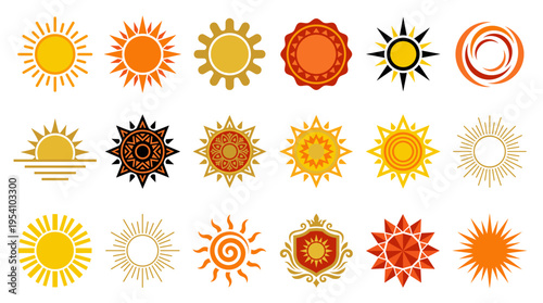 Collection of various stylized sun illustrations, displaying diverse radiant designs and shapes.