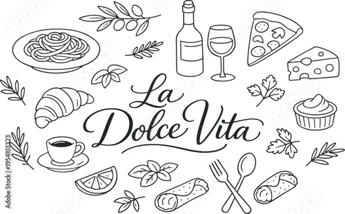 La Dolce Vita Italian food and drinks hand drawn doodle collection