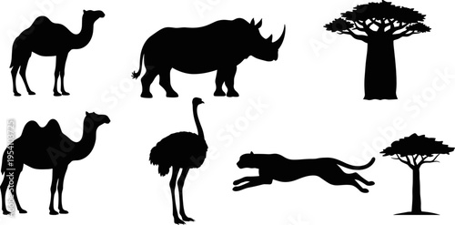 Black African Safari Animal Silhouettes Set Including Rhinoceros Cheetah Ostrich Dromedary and Bactrian Camels with Baobab Trees Isolated on White Background for Wildlife Design