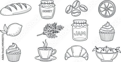 Hand drawn breakfast food and bakery items vector line art collection