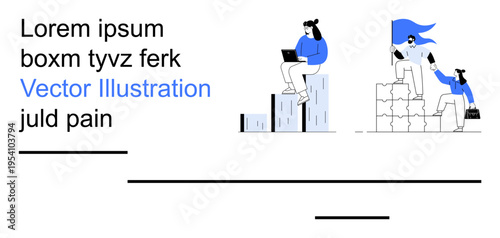 Business development, teamwork, leadership, innovation, success planning, strategy . Characters climbing graphs and stacking blocks. Business growth and teamwork concept