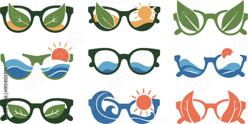 Set of Creative Eyewear Icons with Nature Elements, Sun, Waves, and Green Leaves for Eco-Friendly Summer Concept