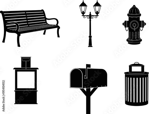Black silhouette vector icons set of urban street furniture including park bench, vintage lamppost, fire hydrant, information kiosk, residential mailbox, and outdoor trashcan.