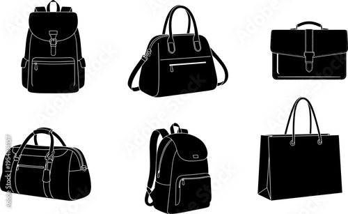Black silhouette vector set of fashion bags including backpacks, travel duffel, professional briefcase, stylish handbag, and shopping tote icons isolated on white background