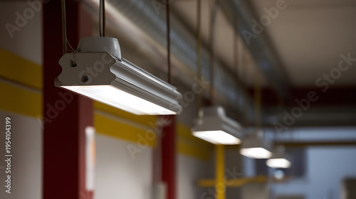 Row of bright fluorescent lights illuminate an industrial or commercial interior space, creating a clean and functional atmosphere