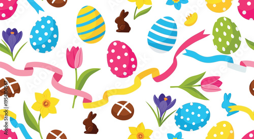 Colorful seamless vector graphic pattern featuring decorated Easter eggs chocolate bunnies and spring flowers