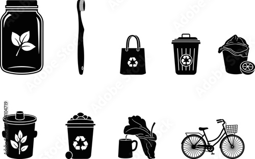 Eco friendly lifestyle icons set featuring reusable glass jar bamboo toothbrush recycled shopping bag compost bin bicycle and organic waste for sustainable zero waste living concepts.