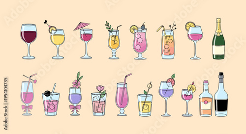 A collection of colorful drinks and cocktails