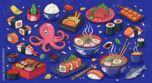 A variety of sushi and seafood on a blue background