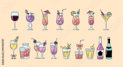 A collection of various colorful cocktails and wines with umbrellas and garnishes