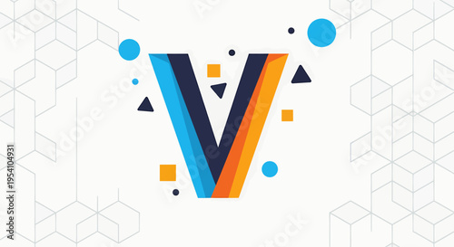 A large stylized letter v with colorful shapes