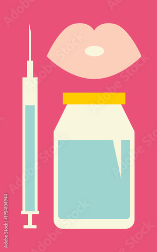 Blue hyaluronic acid in syringe with lips, cosmetic injection concept
