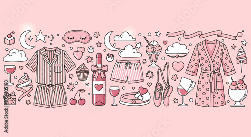 A pink themed illustration with various objects