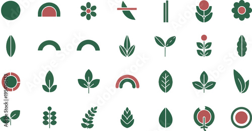 Modern geometric botanical and floral icon set. Minimalist green and red foliage elements for nature branding, eco design, and pattern creation.