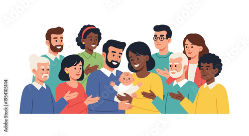 Multigenerational Diverse Family and Community Together Welcoming a New Baby