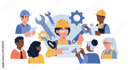 Diverse Engineering & Industrial Team Collaboration: Skilled Professionals with Tools, Analytics & Plans for Project Development & Management