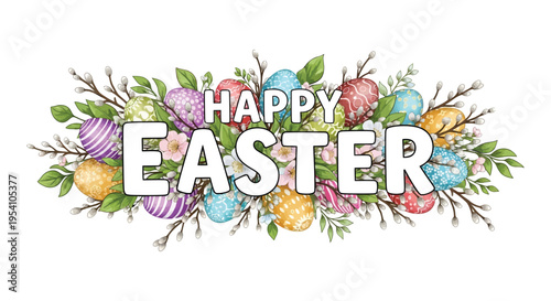 Colorful vector Easter greeting illustration featuring decorative eggs, blooming flowers, pussy willows, and "Happy Easter" text.