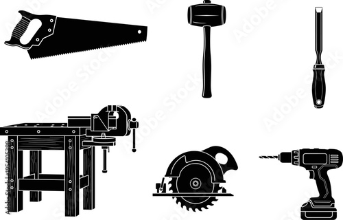 Professional collection of black carpentry tools silhouettes including hand saw mallet chisel workbench with vice circular saw and electric power drill isolated on white background for design.