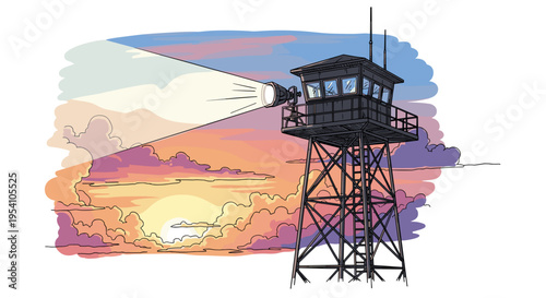 military watchtower illustration in pastel colors for coastal safety