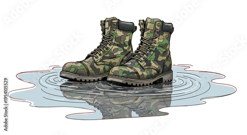 Camo boots standing in puddle, illustration, military-inspired