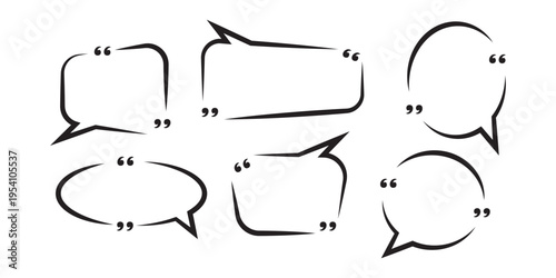 Quote box frame icons set. Blank template quote text design boxes quotation bubble blog quotes symbols. Speech bubbles quote templates in line style. Vector illustration.