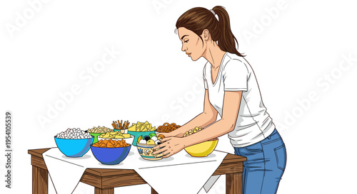 Woman preparing food at colorful buffet table