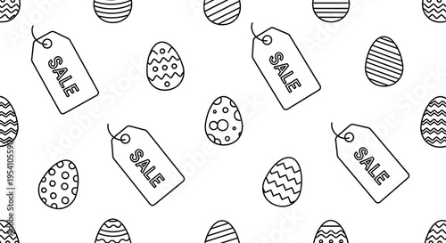 Outline Easter eggs and 'SALE' tags create a festive, seamless vector graphic illustration for spring promotions.