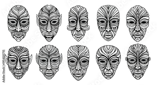 A collection of abstract tribal masks with intricate designs on a white background in a graphic illustration