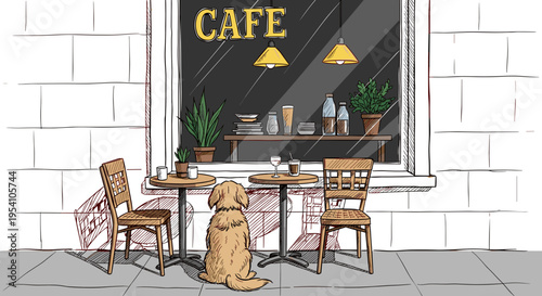 Cute dog sitting at cafe table outside cozy cafe window