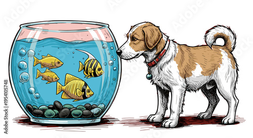 Dog sniffing fish bowl with colorful fish