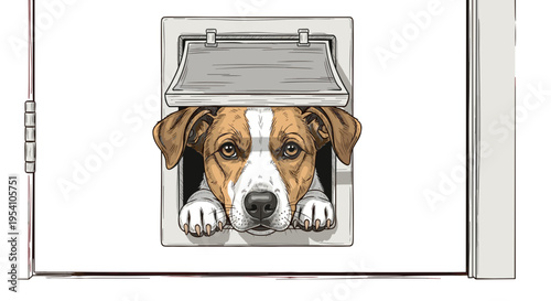 Cute dog peeking out of cat flap