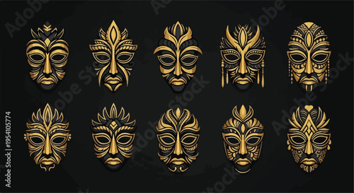A collection of eight Abstract tribal masks with gold detailing on a black background with a tribal feel