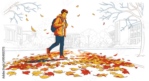 Young man walking while talking on phone amid autumn leaves on campus