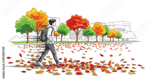 Student walking through autumn leaves in campus park