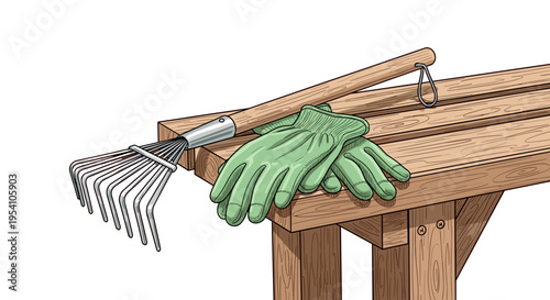 Illustrated gardening tool with gloves on workbench