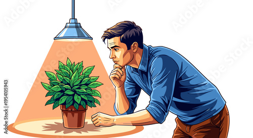 Man contemplating under grow-light with plant