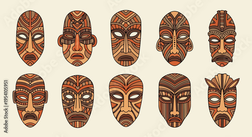 A collection of ten abstract tribal masks with intricate designs on a beige background, showcasing various expressions and patterns