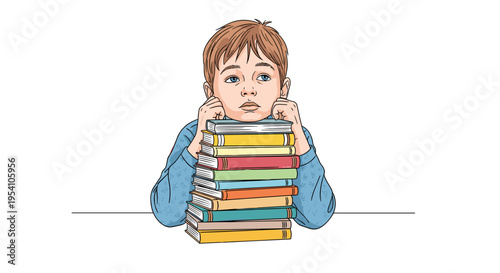 Child supported by colorful books, thoughtful pose