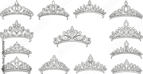 Картината върху платно Luxury tiara and bridal crown vector line art set