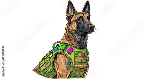 German Shepherd in tactical vest, alert, working