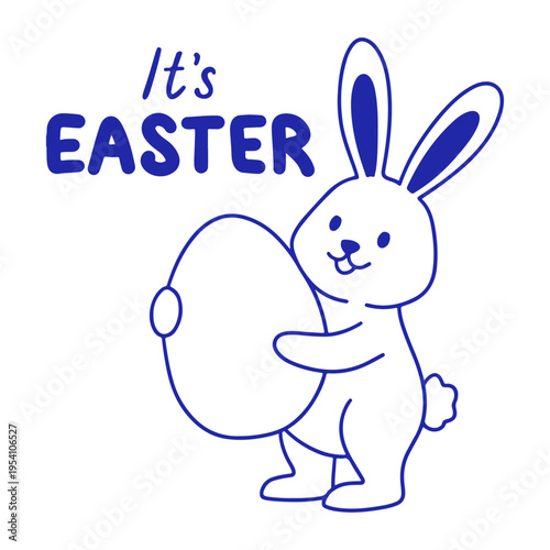 Cartoon bunny holding a large Easter egg with the text Its EASTER written in a playful bold font. Vector