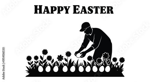 Minimalist black silhouette vector graphic illustration celebrating happy easter egg hunt celebration