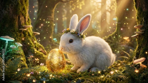 Whimsical white rabbit in enchanted forest with floral crown