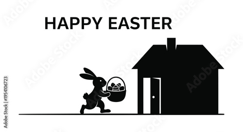 Minimalist vector graphic design showing the Easter bunny delivering holiday eggs to a simple house silhouette
